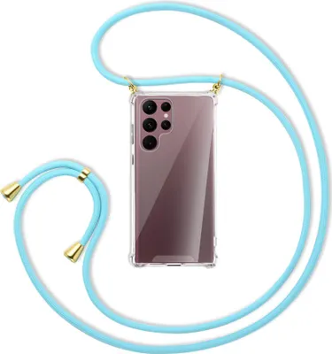 Produktbild von Handykette Backcover-Schutzhülle mit Band (Metall goldfarben) für Samsung Galaxy S22 Ultra 5G (S908) - himmelblau