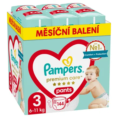 A box of Pampers Premium Care diapers, size 3, for babies weighing 6-11 kg.