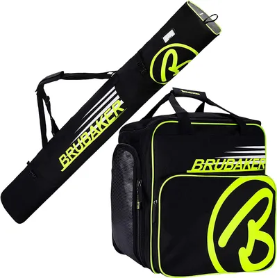Zdjęcie produktu dla BRUBAKER Combi Set Carver Champion - pokrowiec na narty i buty narciarskie na 1 parę nart + kijki + buty + kask - czarny/neonowy żółty - 170 cm