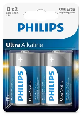 Obrázek produktu pro Philips Baterie LR20E2B/10, Baterie na jedno použití, Alkalický, 1,5 V, 2 kusů, 34,2 mm, 61,5 mm
