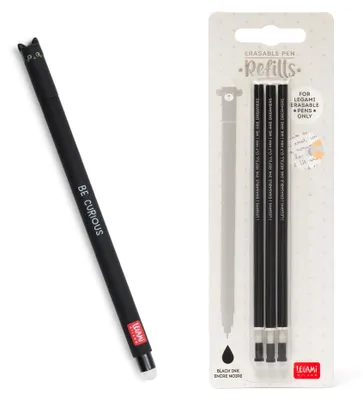 Produktbild von Legami - Set mit 1 Gel-Radierstift und 3 Minen, Katzenmotiv, Kugel am Ende zum Entfernen der Tinte - Schwarze Tinte Thermosensitive Tintenspitze Durchmesser 0,7 mm