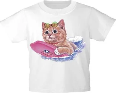 Produktbild von Kinder T-Shirt mit Print Cat Katze auf Surfbrett KA074/1 Gr. 122-164 Color - weiß Größe - 122/128