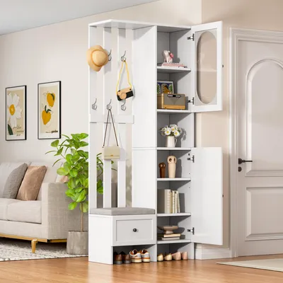 Immagine prodotto di Armadio compatto, dimensioni 85x33,5x200 cm, composto da 2 ante, vetro temperato, set completo da ingresso, contenitore per scarpe, imbottitura