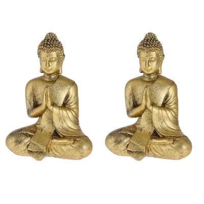 Produktbild von 2er Set Sitzender Buddha Figur aus Polyresin Gold Höhe 17 cm Deko Budda Skulptur Dekofigur Wetterfest