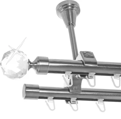 Produktbild von Innenlauf Edelstahl Look Gardinenschiene Gardinenstange 20mm Deckenträger 2-läufig Kristall Kugel D61 E87E30 II