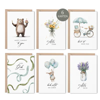 Produktbild von Geburtstagskarten im 6er Set mit Aquarellmotive & Briefumschläge | Nordic Stil | ideal für Geburtstage Meilensteine Abschlüsse Jubiläen Abschiede
