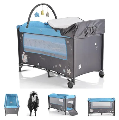 Produktbild von Moni Reisebett Sleepy Rollen, Wickelauflage, Matratze, Spielbogen, Seiteneingang grau-blau
