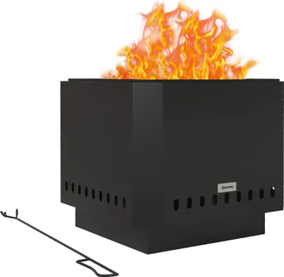 A black metal fire pit with flames on a white background, accompanied by a fire poker.