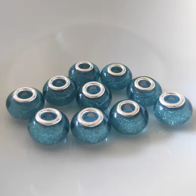 Produktbild von Großloch Spacer Charm Perlen Rondelle Glitzer, 14 mm, 10 Stück, Blau / Hellblau