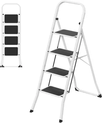 Imagen del producto de Escalera de mano plegable - Escalera doméstica - Para trabajos seguros - Con barandilla - 4 peldaños - Blanca