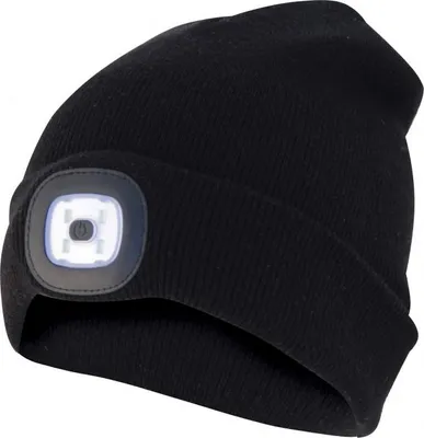 Produktbild von Mütze mit LED-Frontleuchte, Strickmütze mit LED-Licht ideal zum Joggen, Campen, Arbeiten, Spazieren etc., wiederaufladbar per USB und waschbar, schwarz