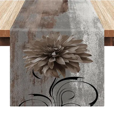 Produktbild von Tischläufer Dahlie Blumen Boho Grau 33x183cm Leinen Abstrakte Kunstmalerei Landhausstil Herbst
