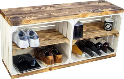 Produktbild von Schuhregal mit Sitzbank aus massivem Holz und Obstkisten