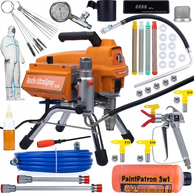 Produktbild von Airless Farbspritzgerät Tornado RT3 UltraSpray – 2200W 22MPA 2,5L/min | Set mit Pistole, Düsen, Schlauch, Manometer, Filtersatz, Lackieranzug | Innenanstrich