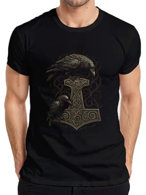 Produktbild von Thorshammer mit Raben nordische Mythologie Wikinger Runenkunst Herren T-Shirt, Schwarz, S