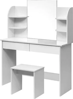 Produktbild von Hölzernes Toilettaufbewahrungstisch mit Spiegel & Aufbewahrungsraum - Toilettaufbewahrungstisch, Make Up Tisch, Bürotisch - 108x40x76 cm - Weiß