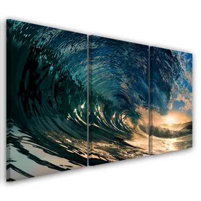 Produktbild von Triptychon auf leinwand natura gelb 90x60 cm Feeby blau wandbild bereit zum aufhängen