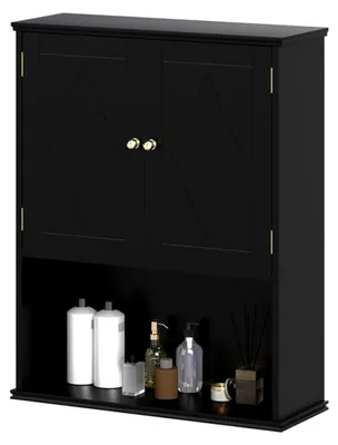 Produktbild von Wandschrank für das Bad, Badezimmerschrank mit 2 Türen, offener Ablage und verstellbarem Regal, platzsparend, 60x21x75 cm (L x B x H) (Schwarz)
