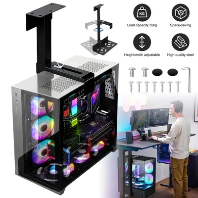 Image de Support pour tour d'ordinateur - Réglable en hauteur et en largeur - Acier au carbone - Charge maximale : 35 kg - Noir