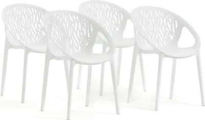Immagine prodotto di set di 4 sedie impilabili in resina rinforzata con fibra di vetro per aree esterne, giardini, bar e ristoranti - design elegante e moderno ispirato alla natura - LARA - Bianco