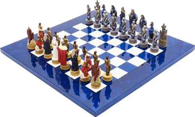 Produktbild von Italienisches Schachfiguren-Set König Artus + Schachbrett Holz Weiss/Blau 42