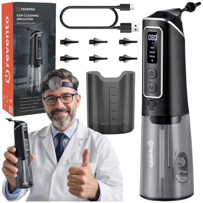 Produktbild von REVENTO® Klaro Ohrreiniger kabellos – Elektrischer Ohrspüler mit 3 Druckstufen, IPX7 wasserdicht, USB-C, 6 Aufsätze
