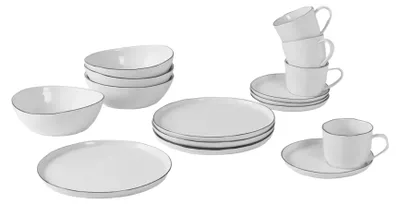 Immagine prodotto di Set da colazione per quattro persone, marca Broste Copenhagen, colore bianco con bordo nero, contenente accessori per il