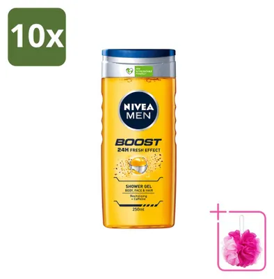 Immagine prodotto di 10 flaconi di gel doccia NIVEA MEN Boost, 250 ml ciascuno, confezione risparmio, 10 pezzi