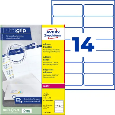 Produktbild von Avery Zweckform L7163-100, Adress-Etiketten, A4, Qualitätsdruck mit: ultragrip, 99,1 x 38,1 mm, 1.400 Etiketten / 100 Bögen, weiß