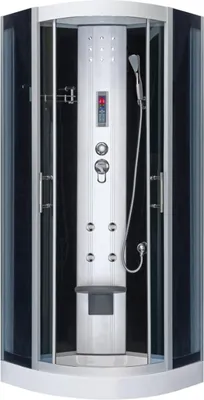A modern hydromassage shower cabin with a built-in control panel and shower head.