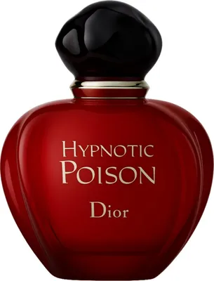 A red Dior Hypnotic Poison perfume bottle with a black cap.