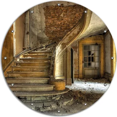 Produktbild von Wallario rundes Outdoor-Poster für Garten oder Balkon, Motiv Massive Steintreppe in herrenlosem Haus, 90 cm Durchmesser