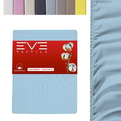 A light blue fitted sheet is shown folded with a product label.