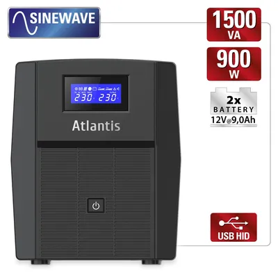 Immagine prodotto di Atlantis UPS A03-HP2003 Line Interactive 1500VA/900W Pure Sinewave AVR Doppia Batteria 12V-9Ah Display LCD USB-HID