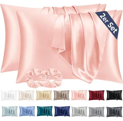 Produktbild von Satin Kissenbezug 2er Set 50x80 Rosa mit Haargummis