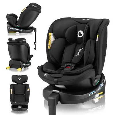 A collage of a black car seat in different configurations and angles, set against a white background.