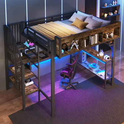 Produktbild von Hochbett 140x200 cm Vintage Braun-Schwarz aus  MDF, Eisen mit Eckschreibtisch, Stauraum, USB Typ-C, Steckdose und LED