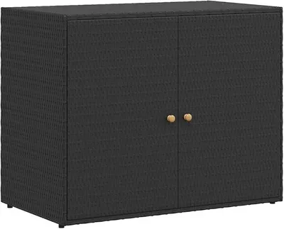 Produktbild von Gartenschrank Schwarz Poly Rattan mit Akazienholz Griffen 100 x 55,5 x 80 cm pulverbeschichteter Stahlrahmen wetterfest Aufbewahrungsschrank für Garten und Terrasse