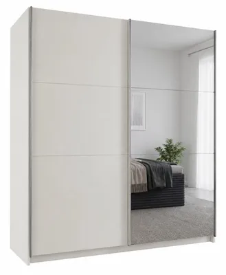 Produktbild von Schwebetürenschrank RODOS 225 cm mit Spiegel – Kleiderschrank modern, großer Schlafzimmer Schrank (Weiss)