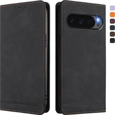 Image de Étui pour Google Pixel 9/Pixel 9 Pro/Pixel 10/Pixel 10 Pro, étui rétro en cuirPolyuréthaneà rabat avec support et fentes pour cartes Noir
