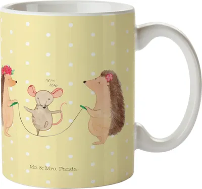 Produktbild von Mr. & Mrs. Panda Pott Igel Seilhüpfen - Gelb Pastell - Geschenk, Kinder, Trinklernbecher, Maus, Kindertasse, Haferl, Kindergarten, Seilspringen, Lustige Sprüche