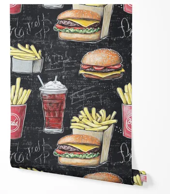 Produktbild von Selbstklebende Tapete Möbelfolie Fast Food Burger Pommes Cola Küche Wandtapete Modernes Design Restaurant Imbiss Abwaschbar 5m x 0,5m