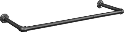 A black metal pipe garment rack mounted on a white background.