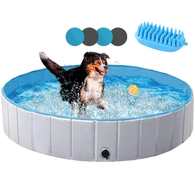 Produktbild von Yaheetech Faltbare Hundepool ⌀140 cm, Planschbecken für Hunde, mit Badebürste & 4 Flicken, Anti-Rutsch Hundebadewanne aus PVC, Grau
