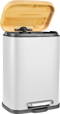 A white pedal bin with a bamboo lid is shown against a white background.