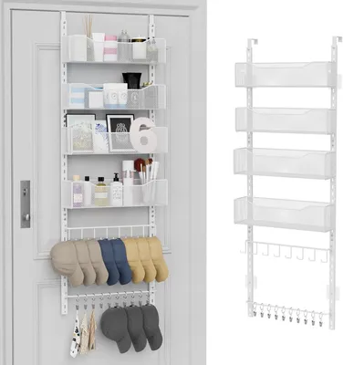 Productafbeelding van Over de deur organizer - 2-in-1 hangende kastorganizer en hoedenrek met 4 - 6 kapstokhaken - 10 clips - Badkamer