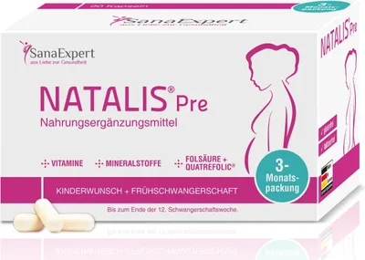 Produktbild von SanaExpert Natalis Pre, Vitamine bei Kinderwunsch und früher Schwangerschaft mit Folsäure, Eisen, Nahrungsergänzung, 3-Monatspackung à 90 Kapseln