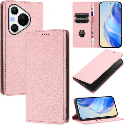 Produktbild von Litchi Leder Handyhülle für Huawei Pura 70 Wallet Kartenfächer Standfunktion Hülle Pink