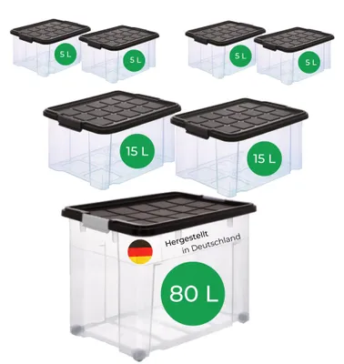 Produktbild von Novaliv 7 tlg Sparset Aufbewahrungsboxen mit Deckel Anthrazit 1x80 L + 2x 15L + 4x 5L Nestbar stapelbar Clipverschluss Rollboxen BPA-frei