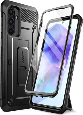 A black rugged phone case with a built-in screen protector and kickstand, shown with the phone partially inserted.